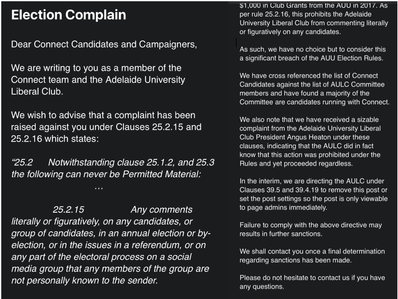 “Connect” faction and Young Liberals put on notice by Returning Officer for “serious breach” of…