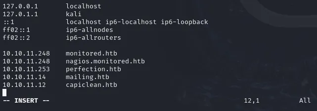 Contents of /etc/hosts file; Refer to the last line for capiclean.htb