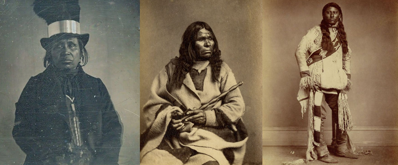 LEFT: Photograph of Chief Oshkosh of the Menomee in Wisconsin. Accessed from Weird History Stories from historian Chrissy Senecal. 12/25/2025 CENTER: “Native Kish- Kah- Nah- Cut (Stump), Chief of the Chippewa Tribe,” c. 1863. [Chief of Mille Lac Chippewas.] Whitney’s Gallery, Saint Paul. RIGHT: Shuriap, Yampa Band Ute leader, 1868. Public domain.