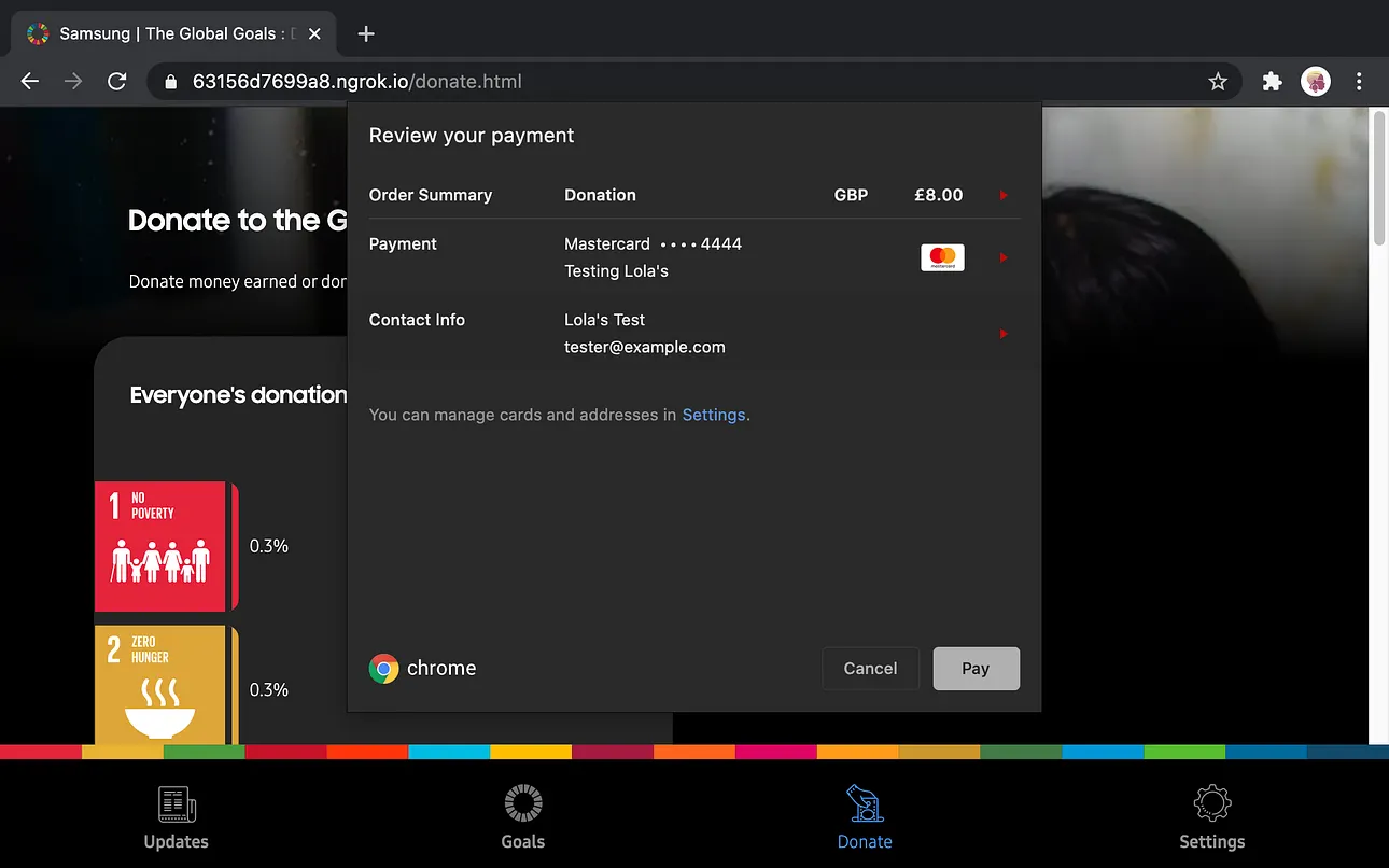 The payment API form generated on a desktop browser, the form appears as a dropdown from the address bar