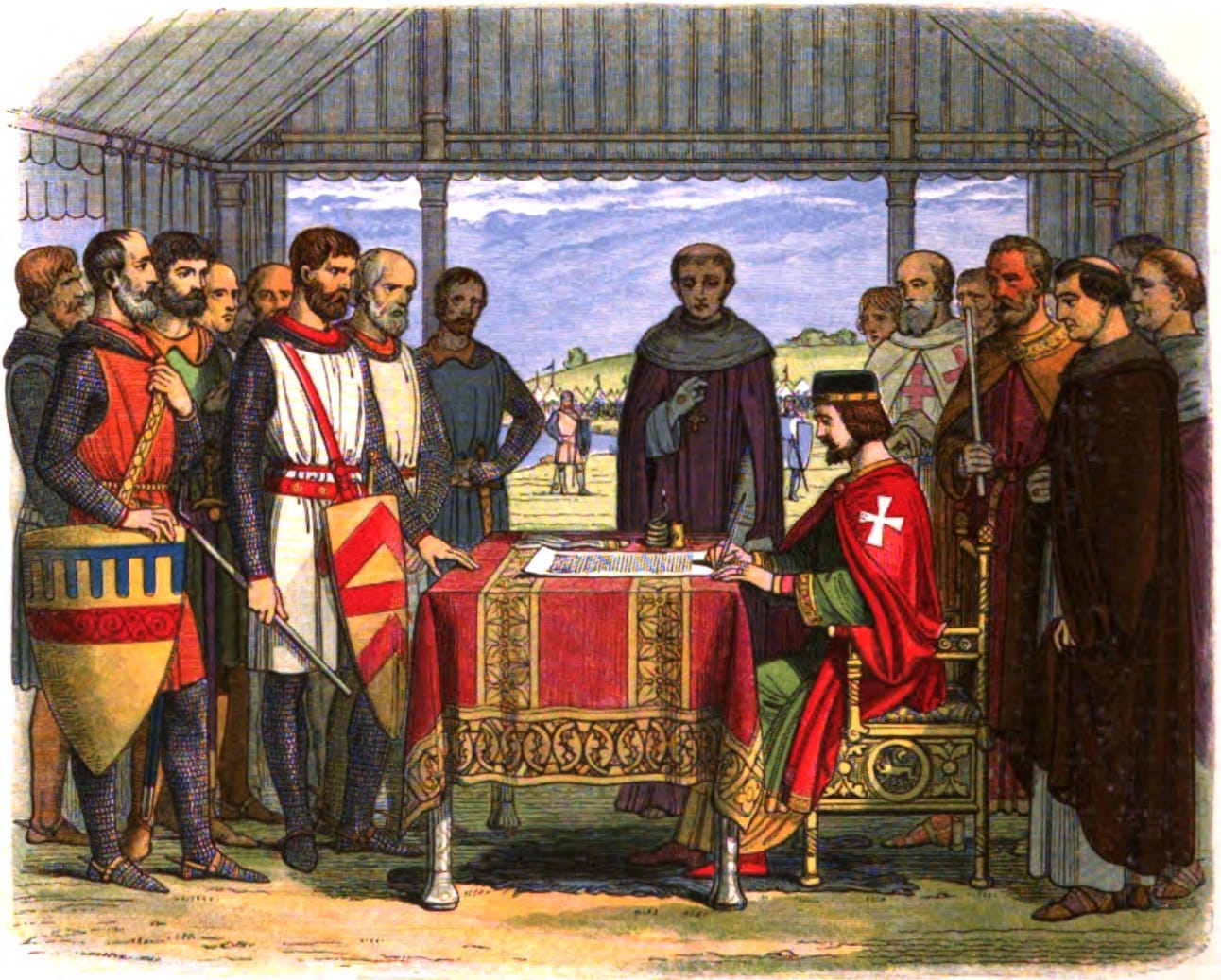 A romanticised 19th-century recreation of King John signing Magna Carta. Rather than signing in writing, the document would have been authenticated with the Great Seal and applied by officials rather than John himself.