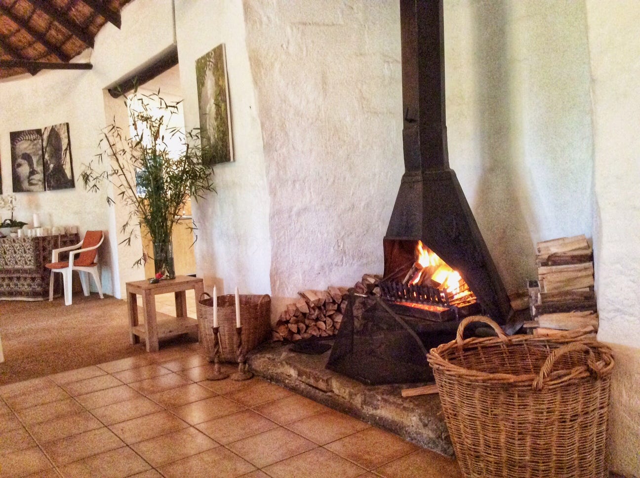 The studio these days, where some classes are held, cosy with a fire on chilly evenings.