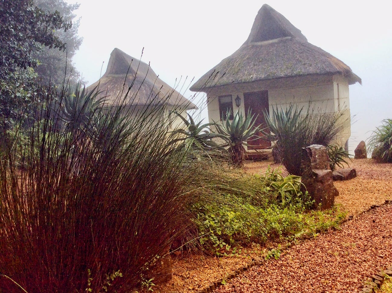 Chalets in the mist, these ones looking over the valley and some of the walking paths.