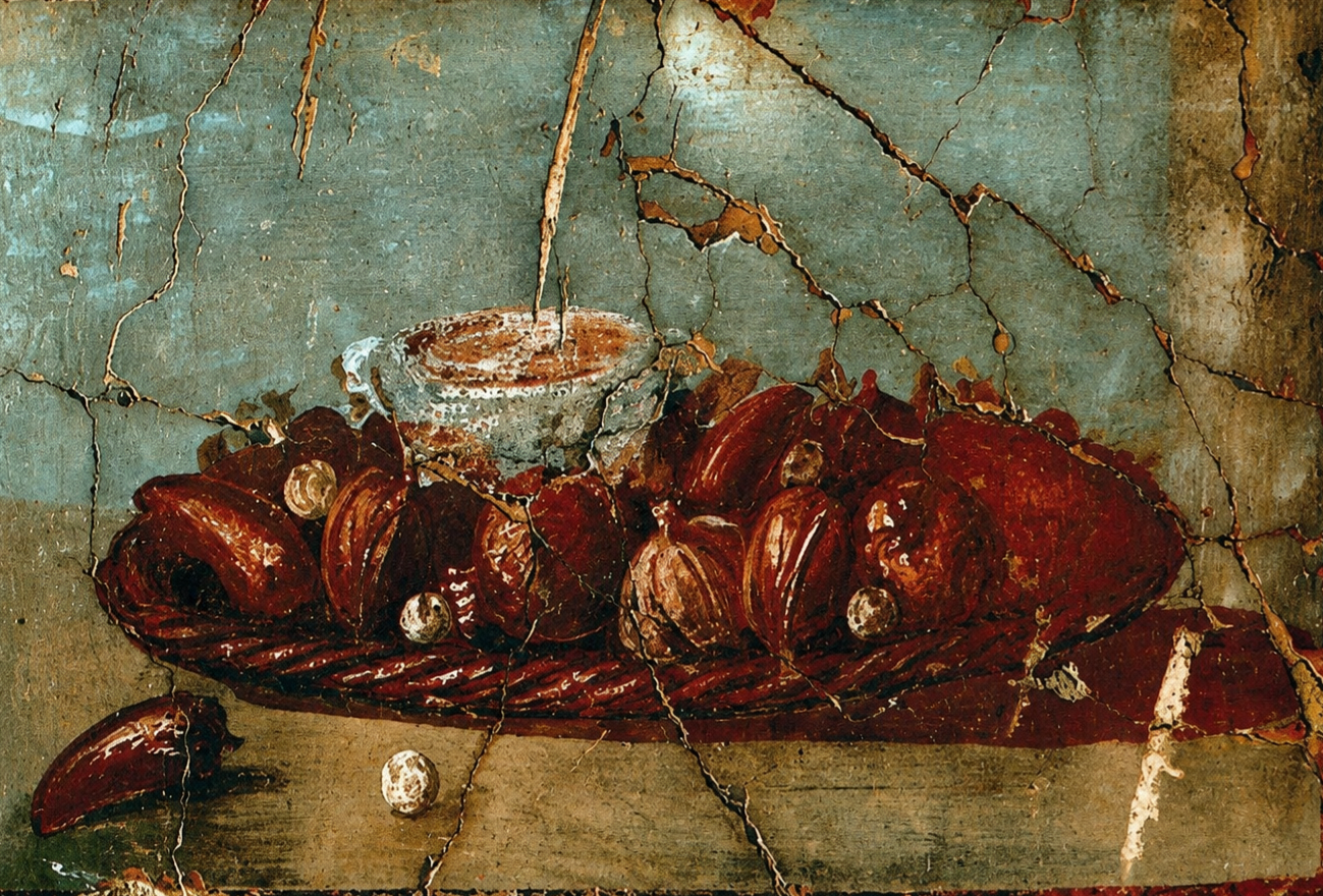 Pompeian fresco featuring dates and figs, the core ingredients for the Roman dessert Dulcia Domestica.