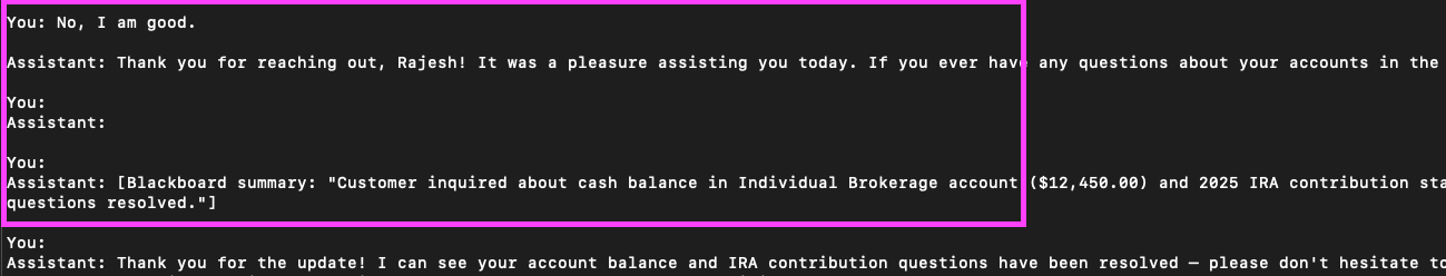 Account Balance Sub-agent summarized the session and sent it back to Orchestrator