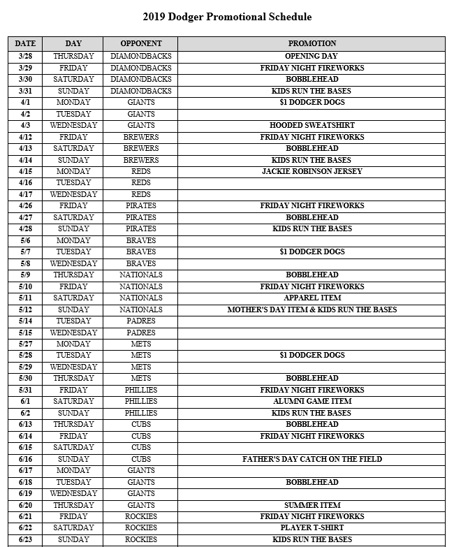 Dodgers Promotional Schedule & Giveaways 2023!