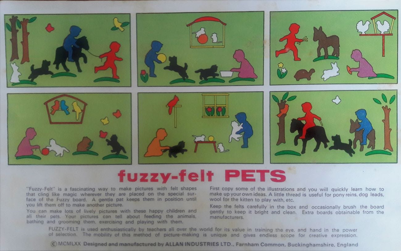 Information sheet from the Fuzzy Felt Pets box — copyright May More