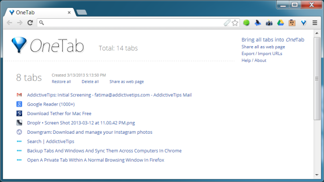 OneTab – Save up to 95% memory and reduce tab clutter in Chrome