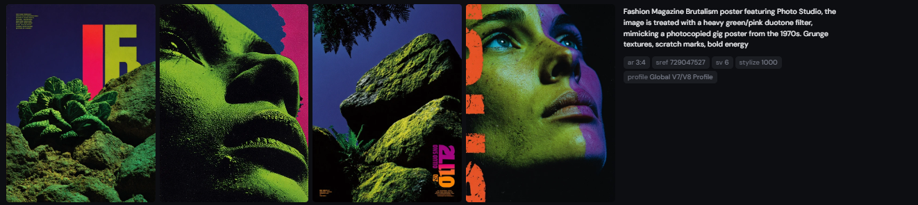Promtp:Fashion Magazine Brutalism poster featuring Photo Studio, the image is treated with a heavy green/pink duotone filter, mimicking a photocopied gig poster from the 1970s. Grunge textures, scratch marks, bold energy — ar 3:4 — sref 729047527 — profile jy37xvz — sv 6 — stylize 1000 — v 7