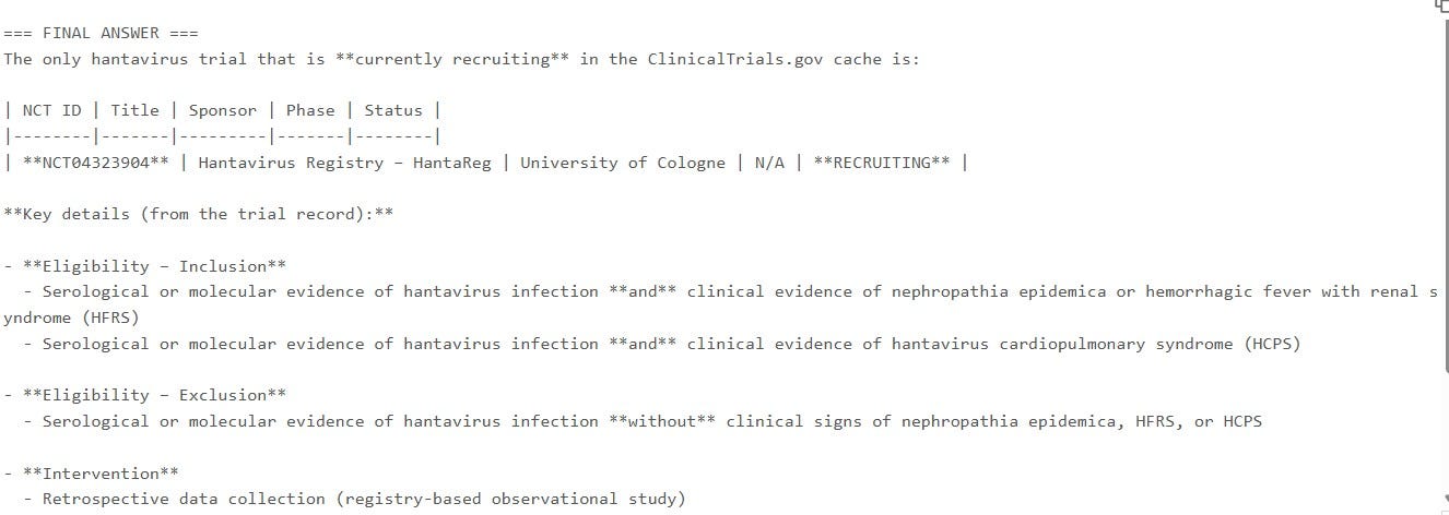 Model responding to Hantavirus trial question from ClinicalTrials.gov