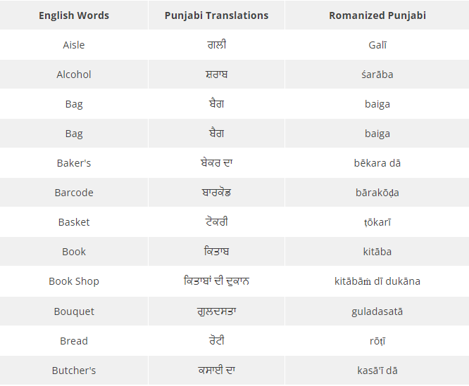 Basic English Words In Punjabi Version