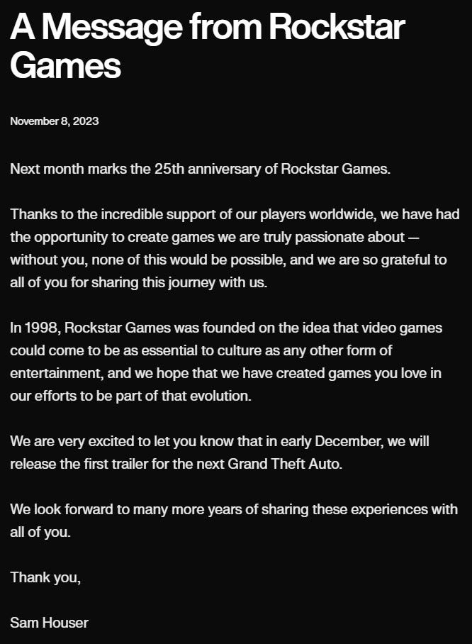 GTA 6 Announcement Confirmed by Rockstar Games for Early December