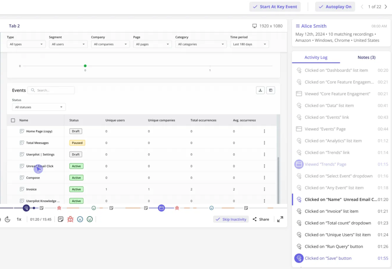 Rewatch user sessions to understand in-app behavior with Userpilot’s session replays.