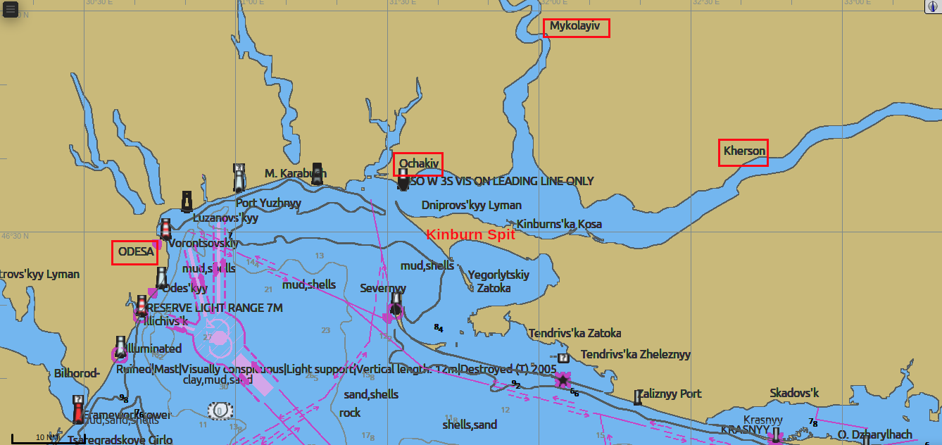 Kinburn Spit location. Screenshot from author’s nautical chart with overlay.