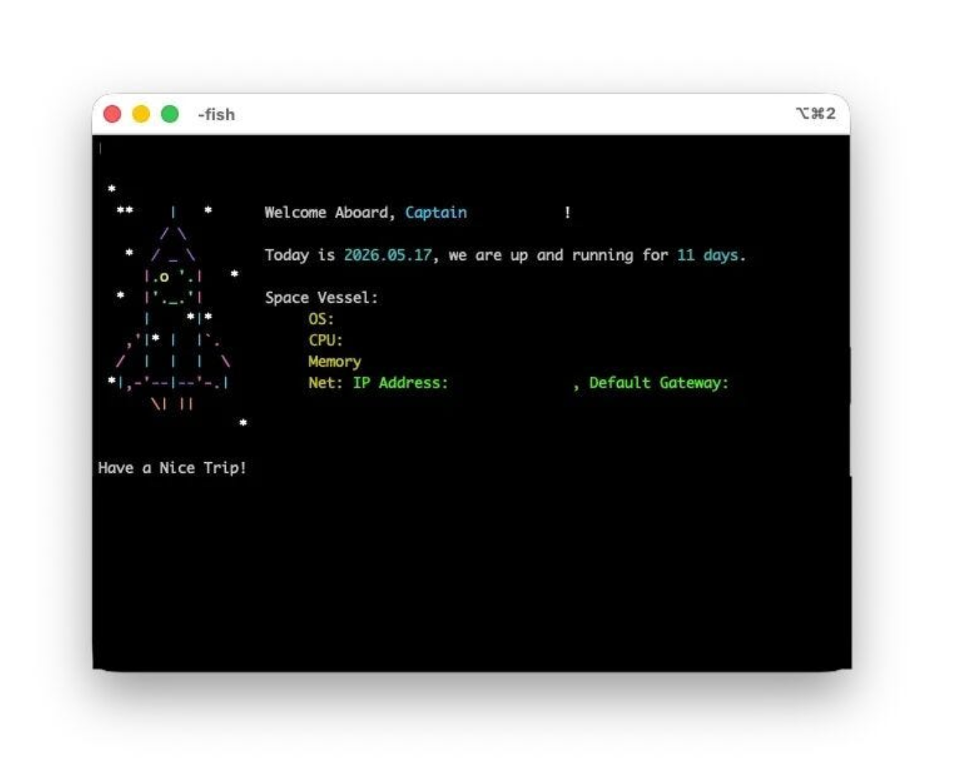 A terminal startup welcome script that draws an ASCII rocket with random colors every time a new…