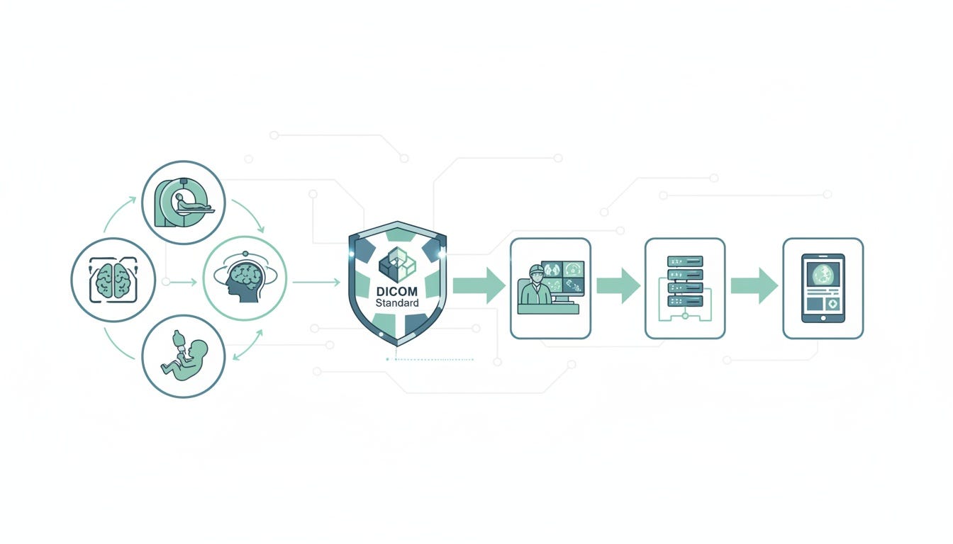 DICOM connects imaging modalities with downstream clinical systems through a shared standard.