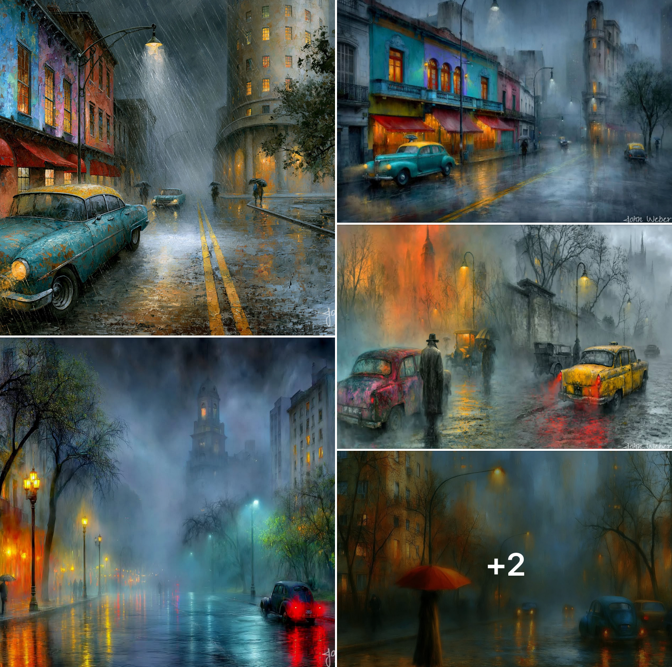 an image collage of thumbnails from the image set: Rainy, Foggy Nights in the City — created and owned by John Weber AI Art