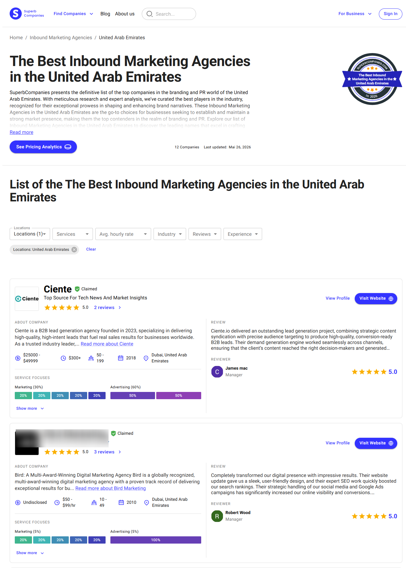 Ciente.io Secures #1 Position in UAE Inbound Marketing Agency Rankings by SuperbCompanies