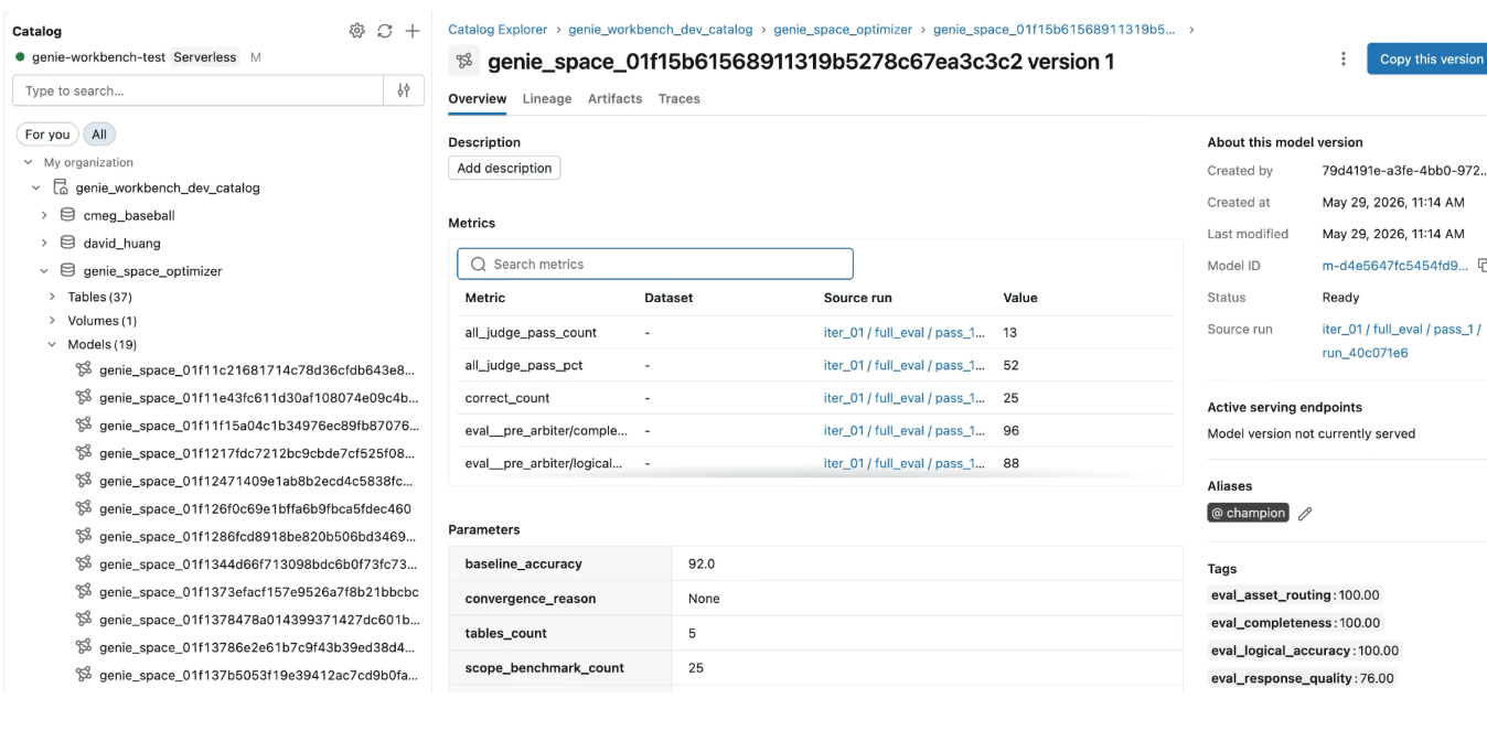 Genie Spaces logged in UC for versioning and tracking with aliases