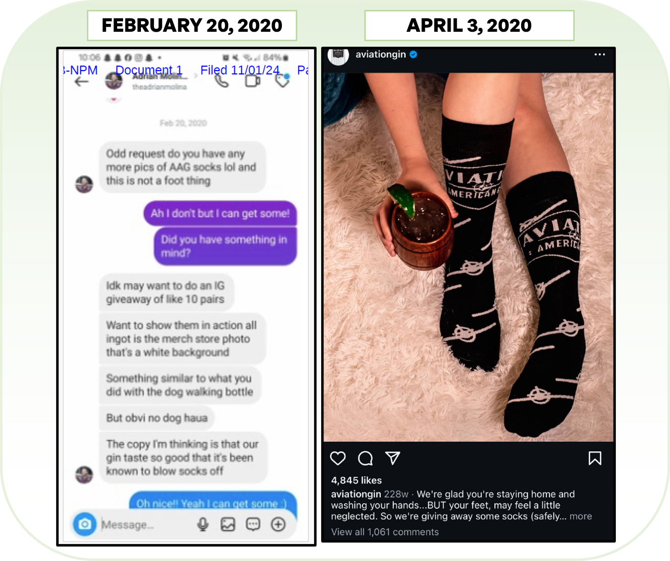 Molina requests a photoshoot involving Aviation Gin socks, and Starkloff completes the shoot a month and a half later