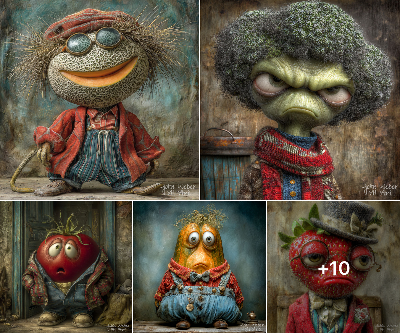 an image collage of thumbnails from the image set: Fruits and Veggies with Attitude — created and owned by John Weber AI Art