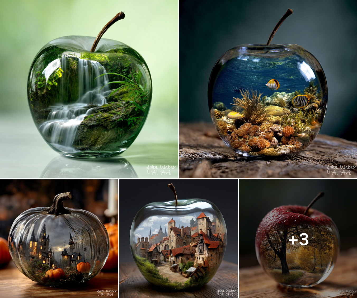 an image collage of thumbnails from the image set: Transparent Glass Apples and Pumpkins — created and owned by John Weber AI Art
