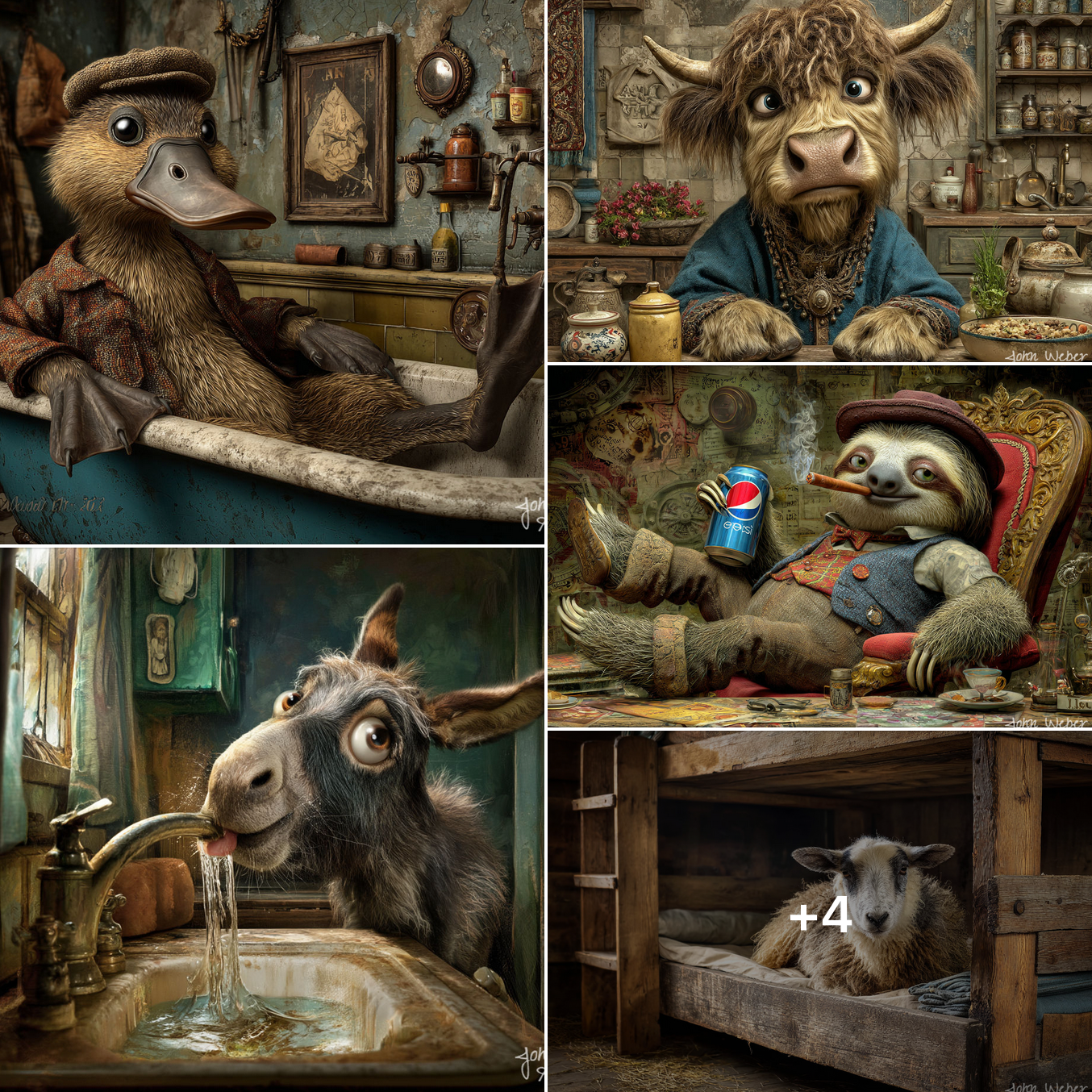 an image collage of thumbnails from the image set: Outdoor Animals and Indoor Life — created and owned by John Weber AI Art
