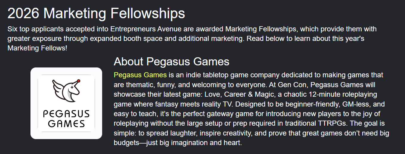 We were selected for the Gen Con 2026 Marketing Fellowship!