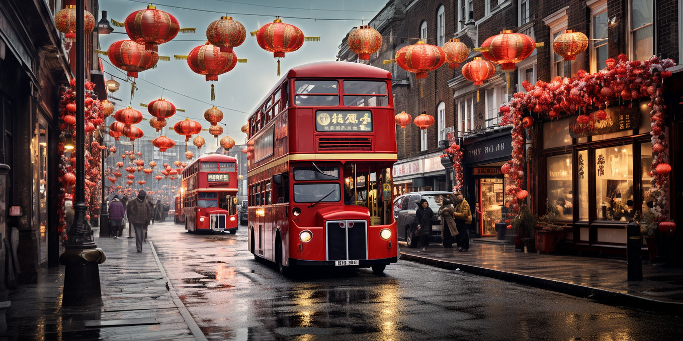 Midjourney generated image of Chinese bus on the streets of London