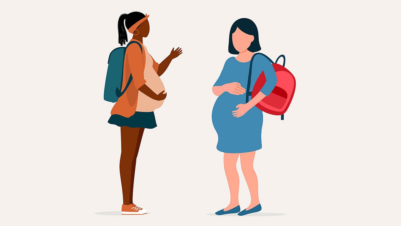 Illustration of two young pregnant people interacting.