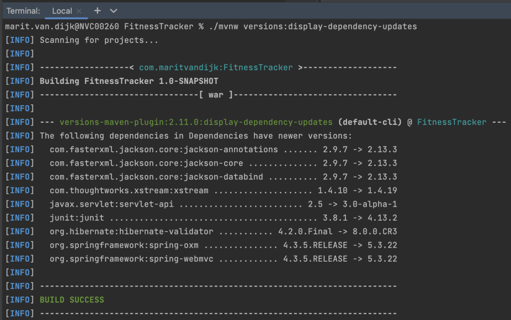 Command line terminal showing the `mvn versions:display-dependencies-updates` command and it’s result.