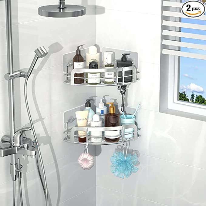 STEUGO Corner Shower Caddy, Adhesive Wall Mounted Bathroom Corner Shower Shelf with 4 Movable Hooks, Rustproof Stainless Steel Bathroom Shower