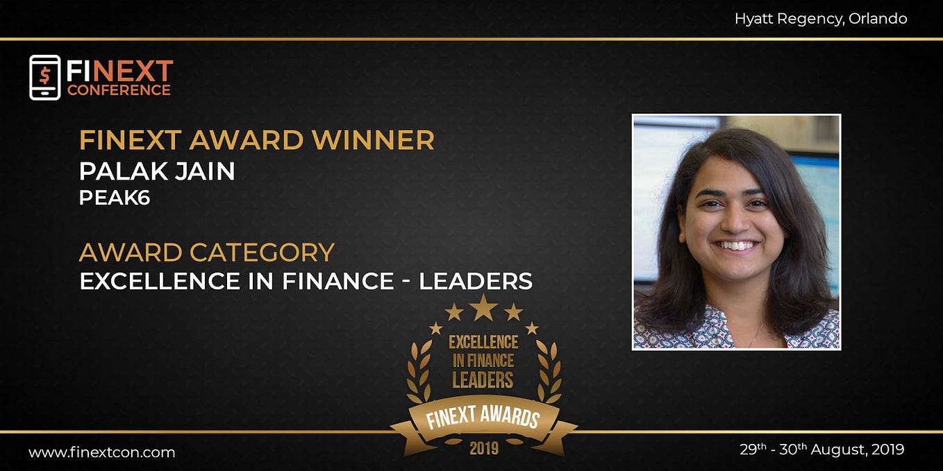 Palak Jain awarded the ‘Excellence in Finance — Leaders’ award at FiNext Conference Orlando 2019