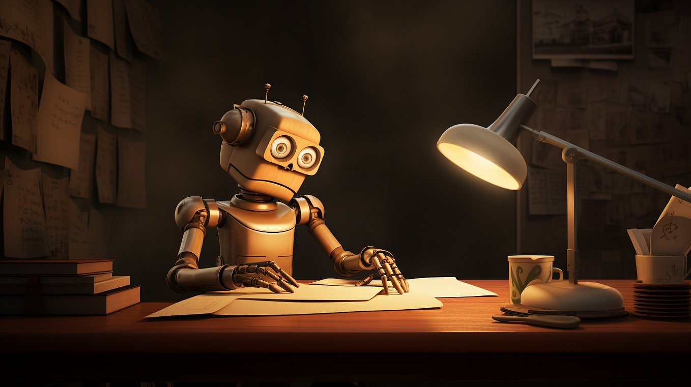 MidJourney output picturing a robot with large eyes sitting at a desk looking at paperwork under the light of a lamp.