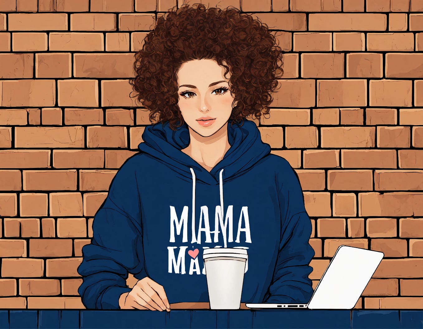 graphic illustration woman with light brown eyes, curly messy bun light brown hair, holding a sparkly white tumbler and wearing a navy blue hoodie sweatshirt that says Mama, sitting against a brick wall background. The brick wall has a laptop, a heat press, a couple of tumblers sitting on it illustration drawing.