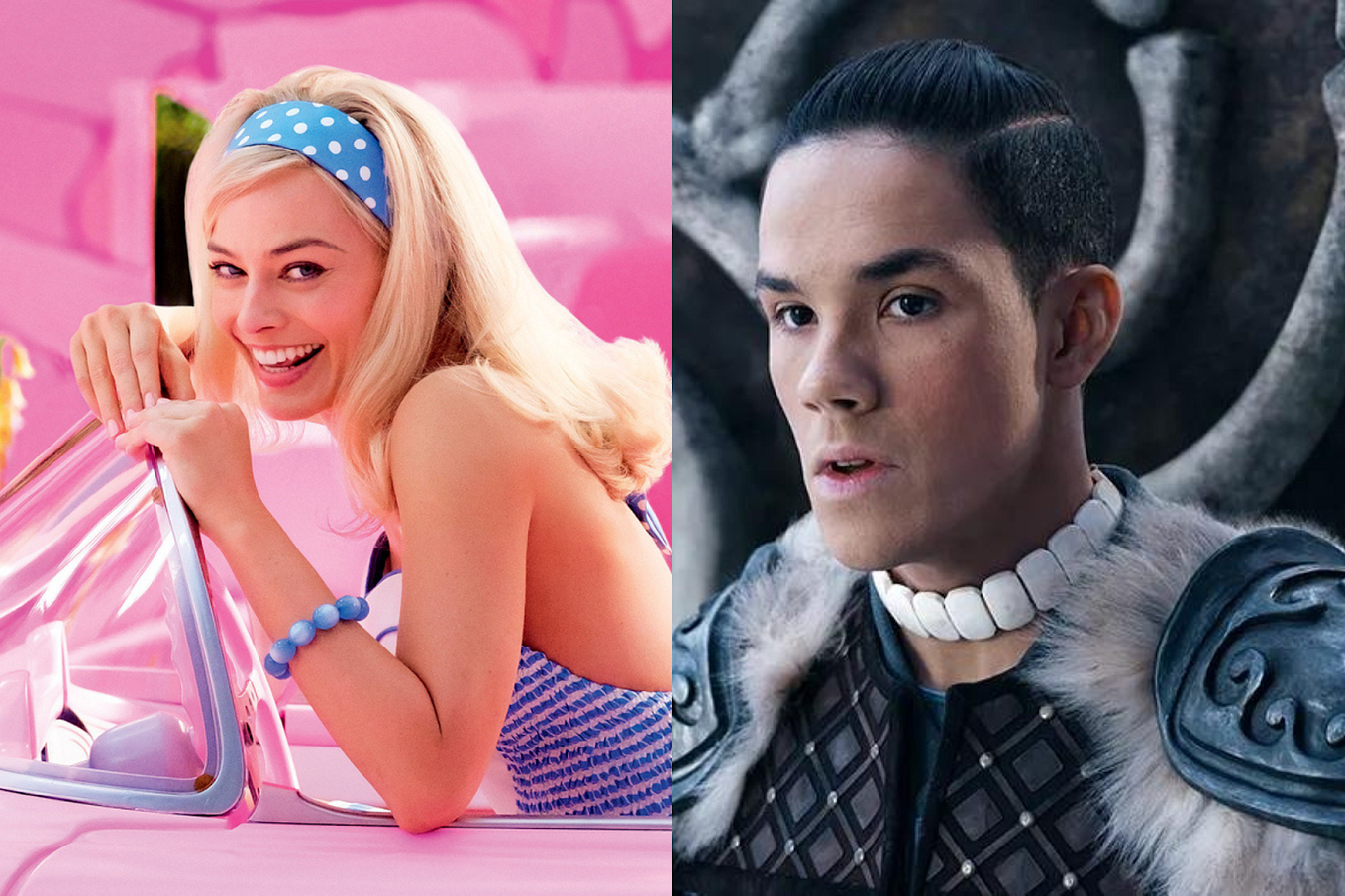 on the left is a picture of Barbie from the promotional images for the film “Barbie”. On the right is an image of the latest version of the Live action “Avatar the Last Airbender’s” Sokka