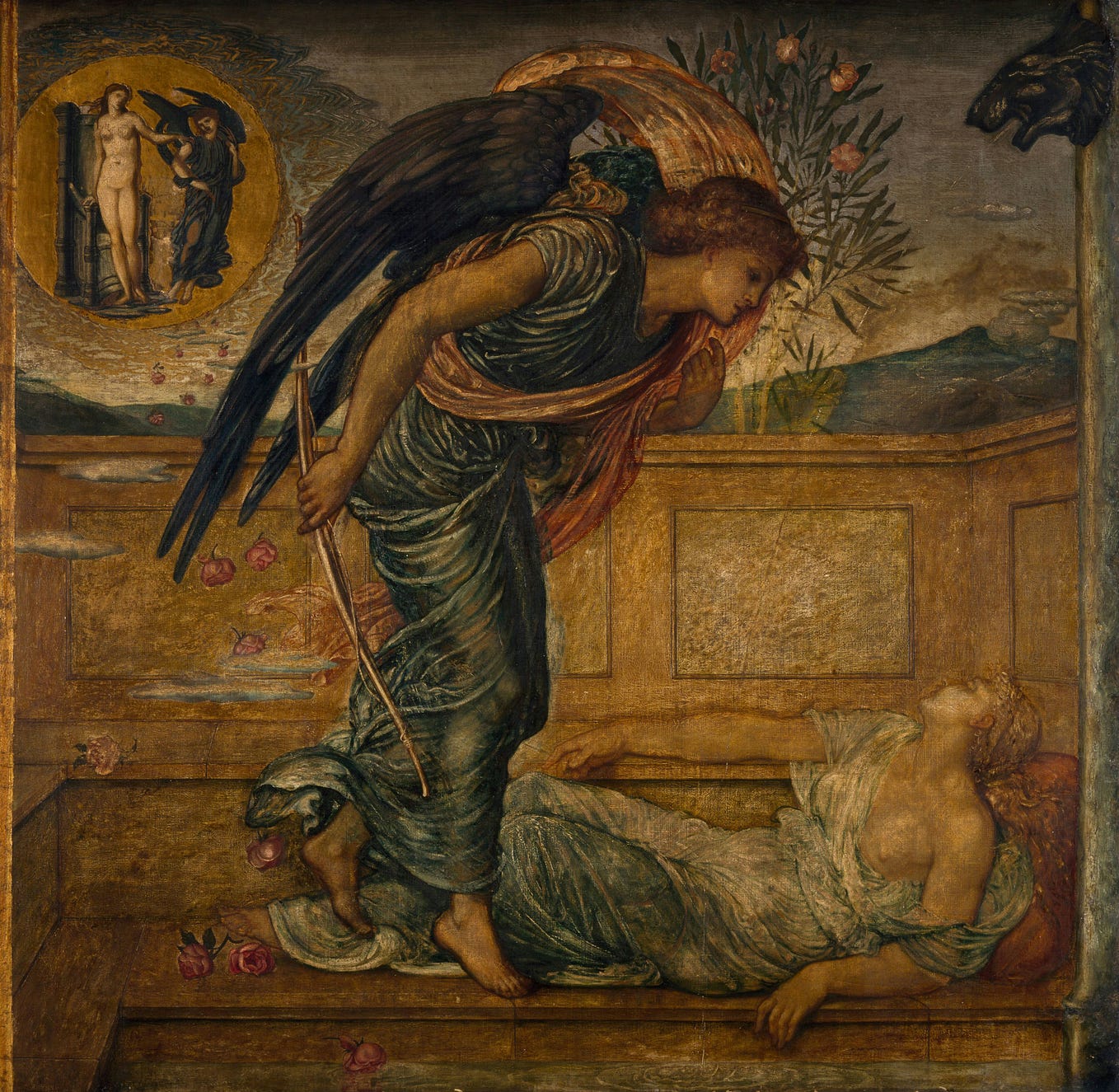 The angel of death comes to fetch a dying woman in a rose garden