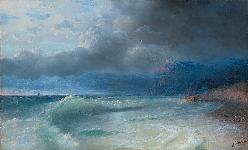 A painting of a stormy sky, crashing waves, and a shipwreck