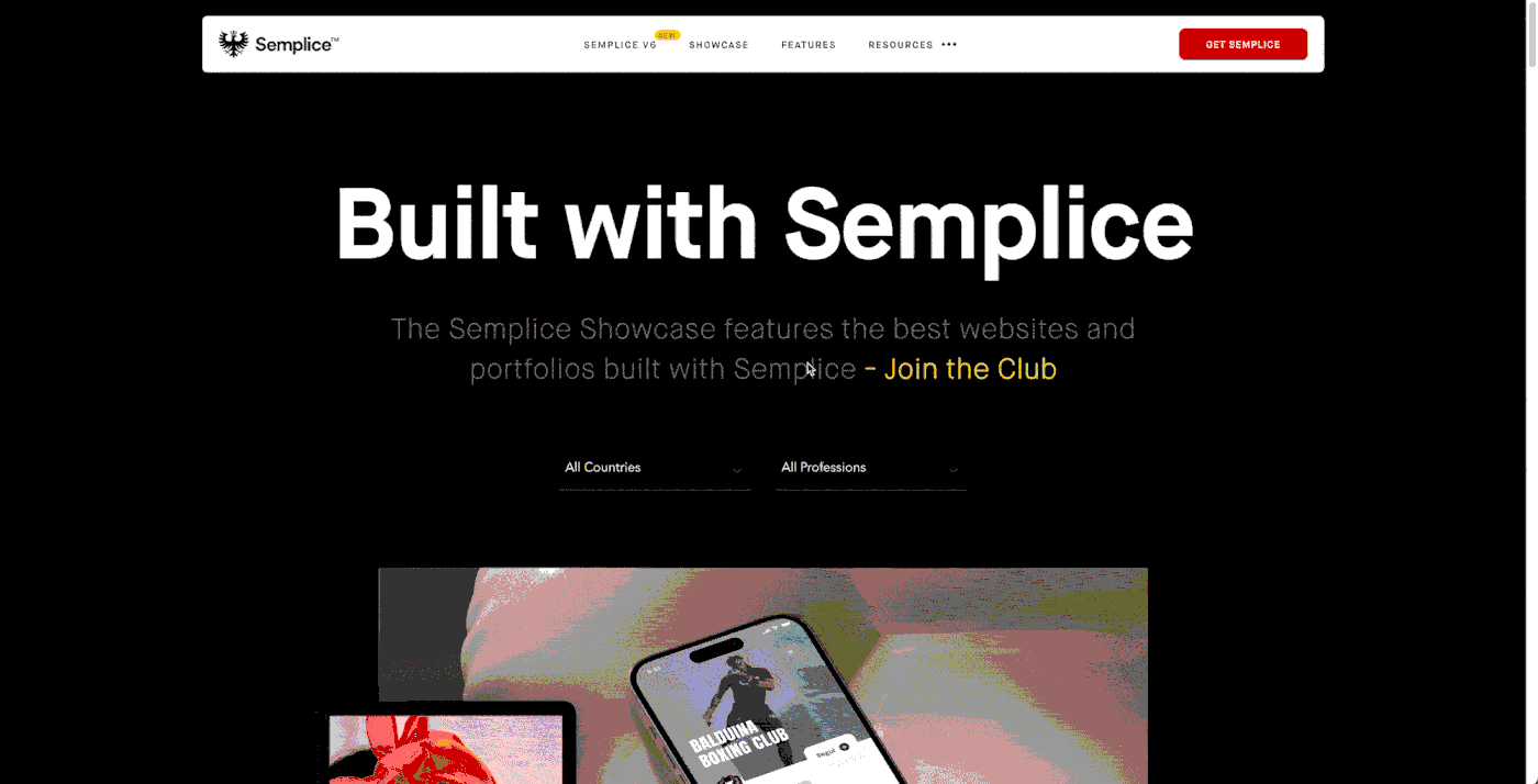 Semplice website showing how the menu sticks to the top as the user scrolls