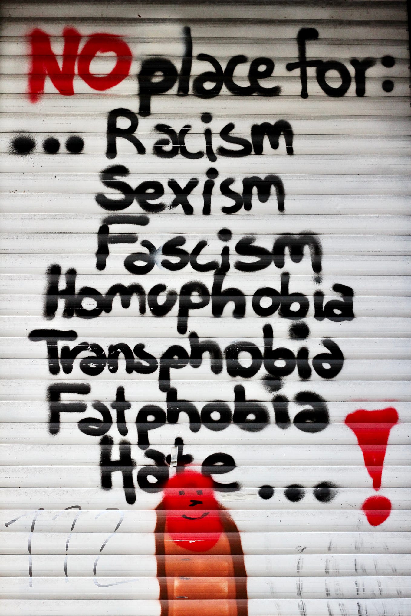 Graffiti spray painted onto a wall. “No place for: Racism, sexism, fascism, homophobia, transphobia, fatphobia or hate!”
