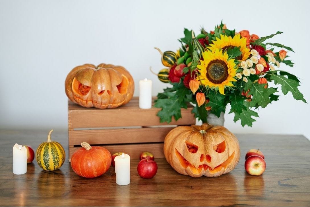 Pumpkin display for fall team building party — Book with Eva and Spark by Designs