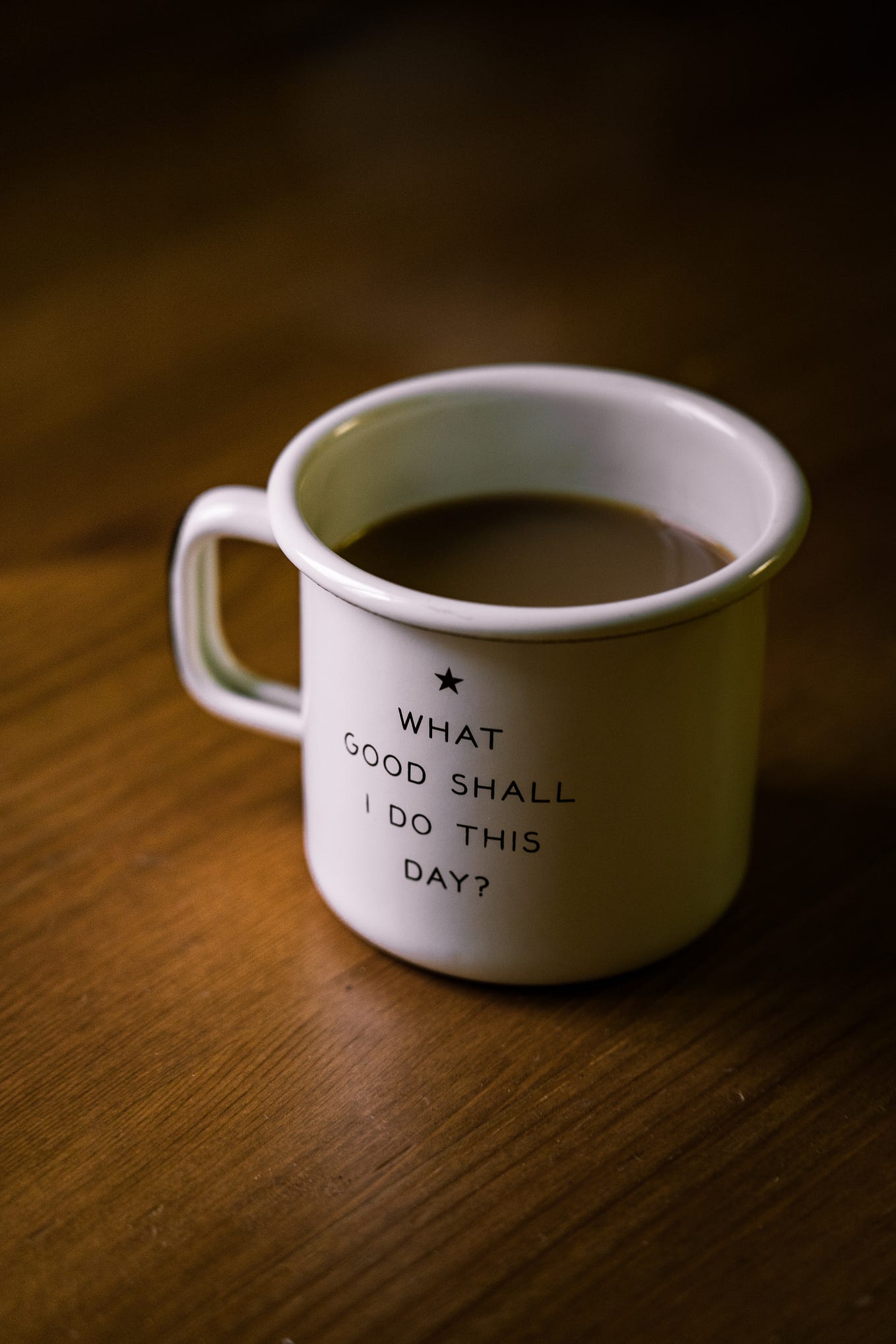 A white coffee mug with the handle on the left side. Wording on the coffee mug states, “What Good Shall I Do This Day?”