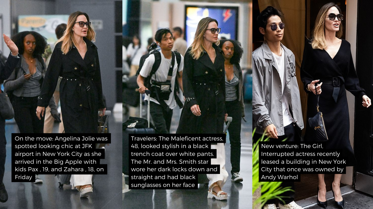 Angelina Jolie looks stylish in a black trench coat and white pants at JFK  Airport. She rented a building in Manhattan that Andy Warhol once owned, by Action Games Now