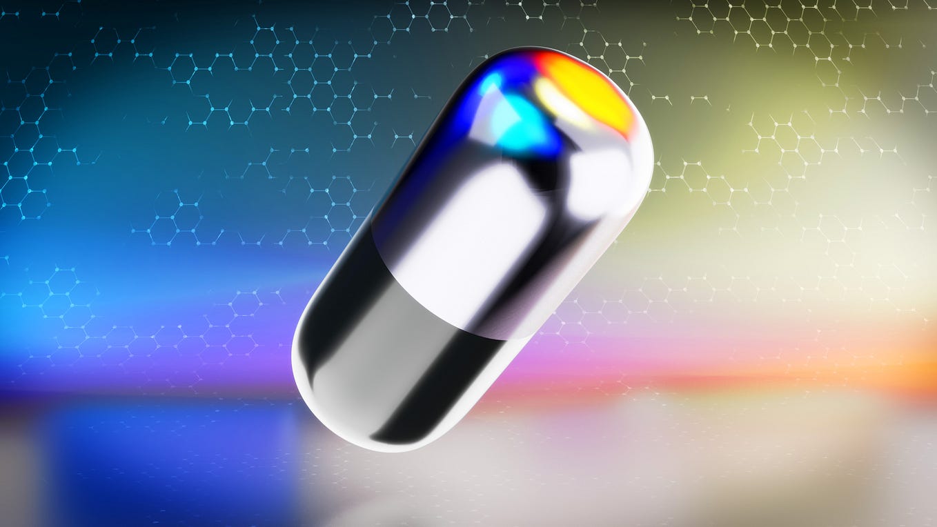 This image shows a metallic coloured pill floating above a coloured skyline with different coloured reflections.