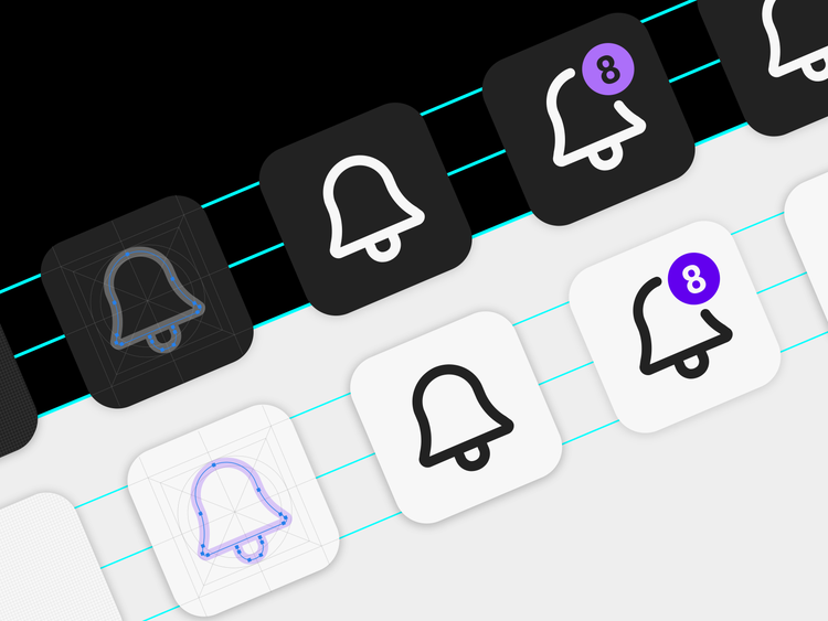 A digital illustration of six bell app icons placed diagonally on a diagonally-split half-black-half-white background with teal lines. The icons are a mix of white lines on black backgrounds, black lines on white backgrounds, and purple lines on white backgrounds.