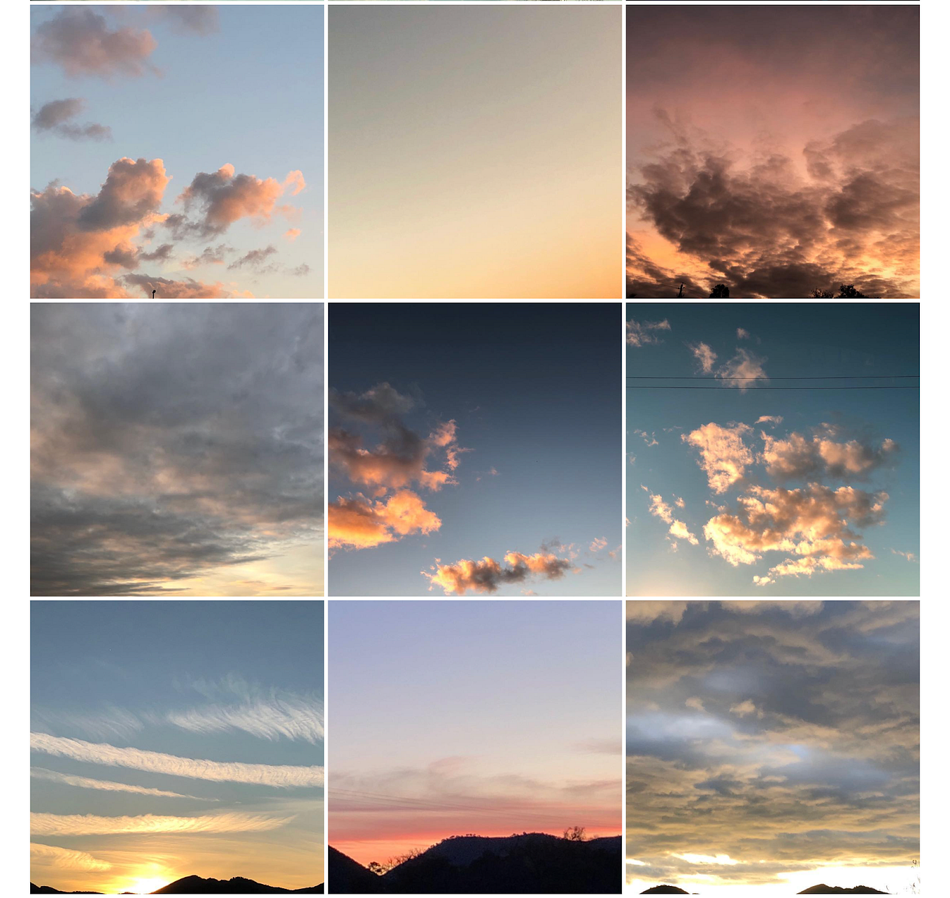 A 3 by 3 grid of photos of clouds and sky from the Instagram account of Adam Old.