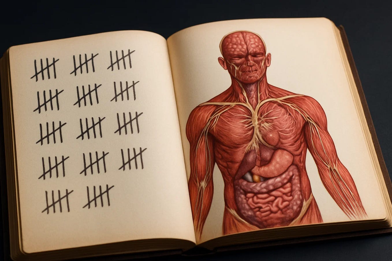 An open book displays tally marks on one page and a detailed anatomical illustration of a human body showing muscles and internal organs on the other page. The image symbolizes the physical toll and the record-keeping of trauma or stress on the human body.