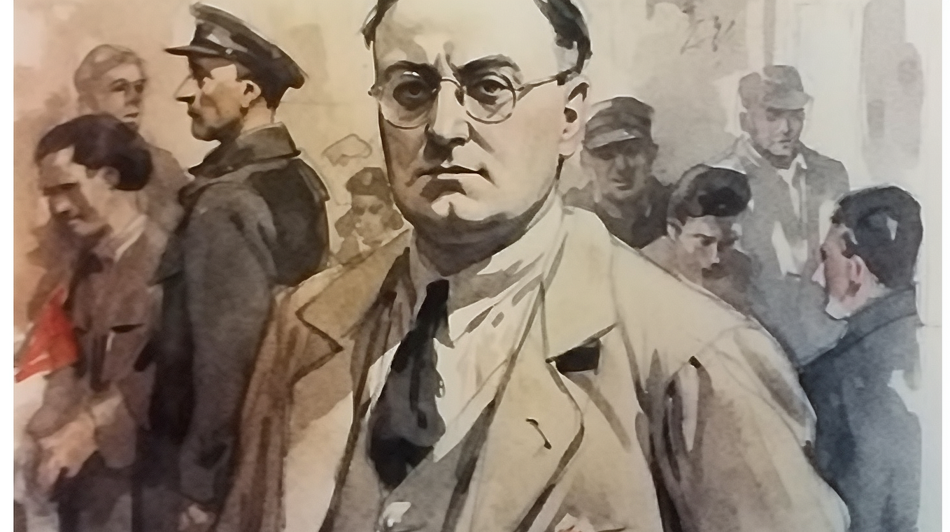 MidJourney output for “watercolor sketch of heroic figure of the French census, René Carmille, 1940s, World War II”