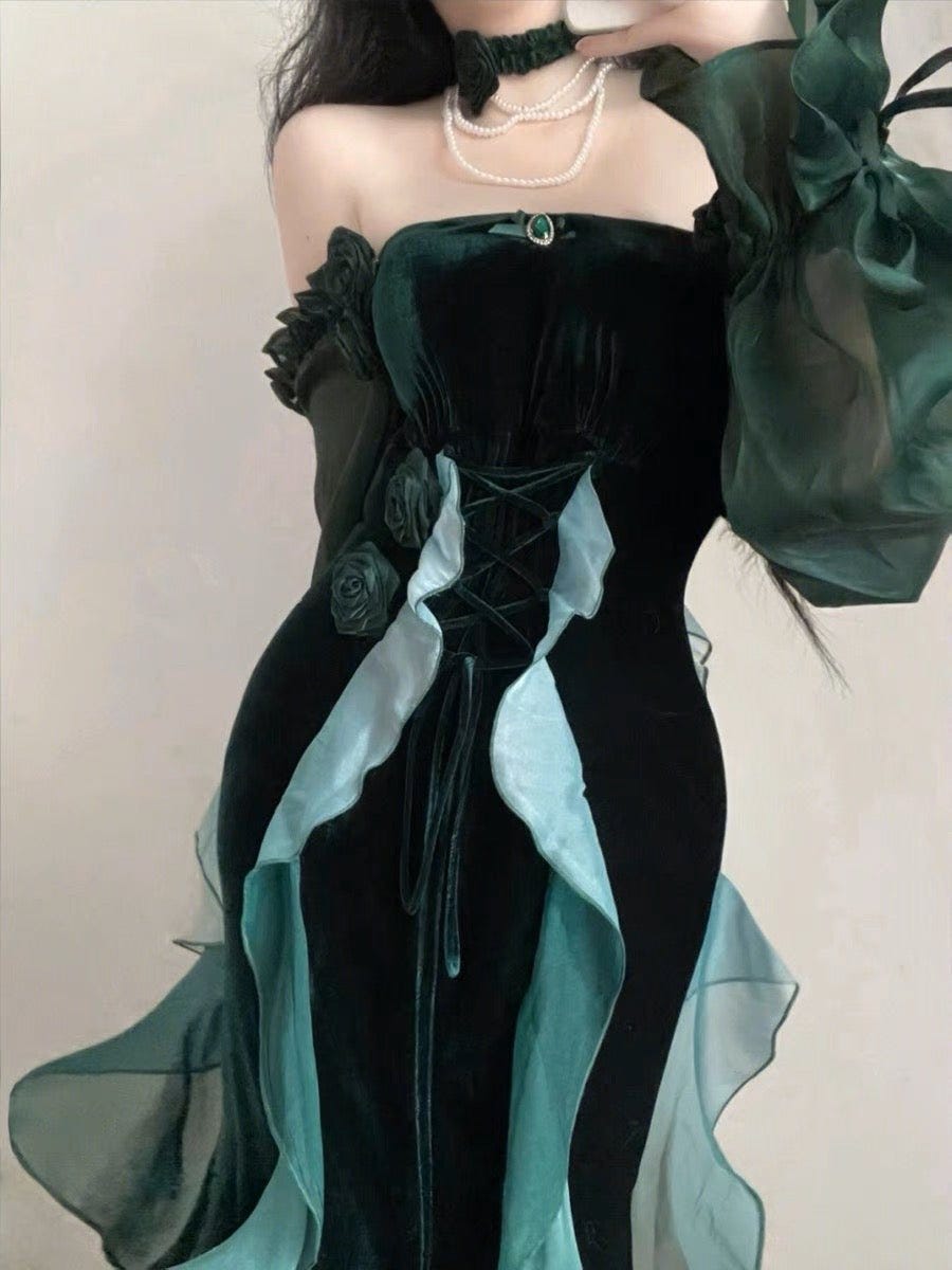 Gothic Lolita Dresses: Long Classic Green Velvet & Plus Size