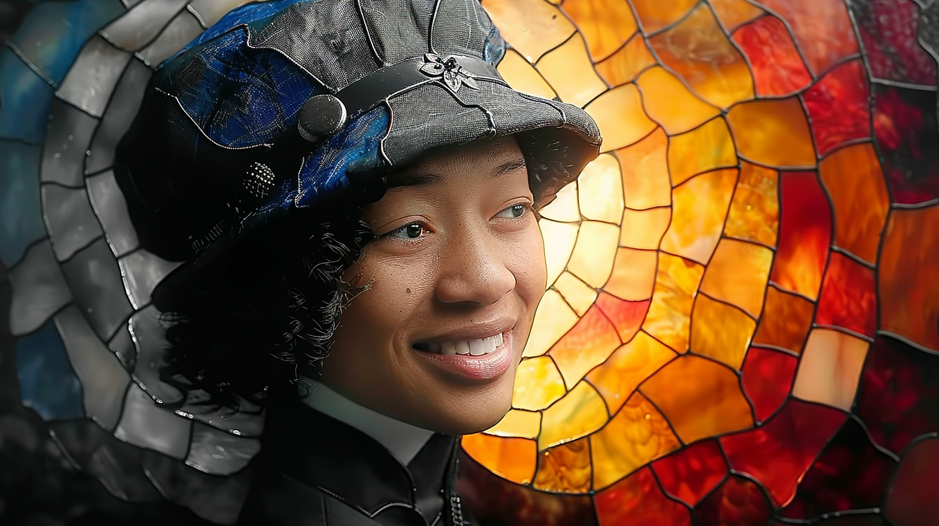 Bessie Coleman in stained glass. Midjourney. AI Art.